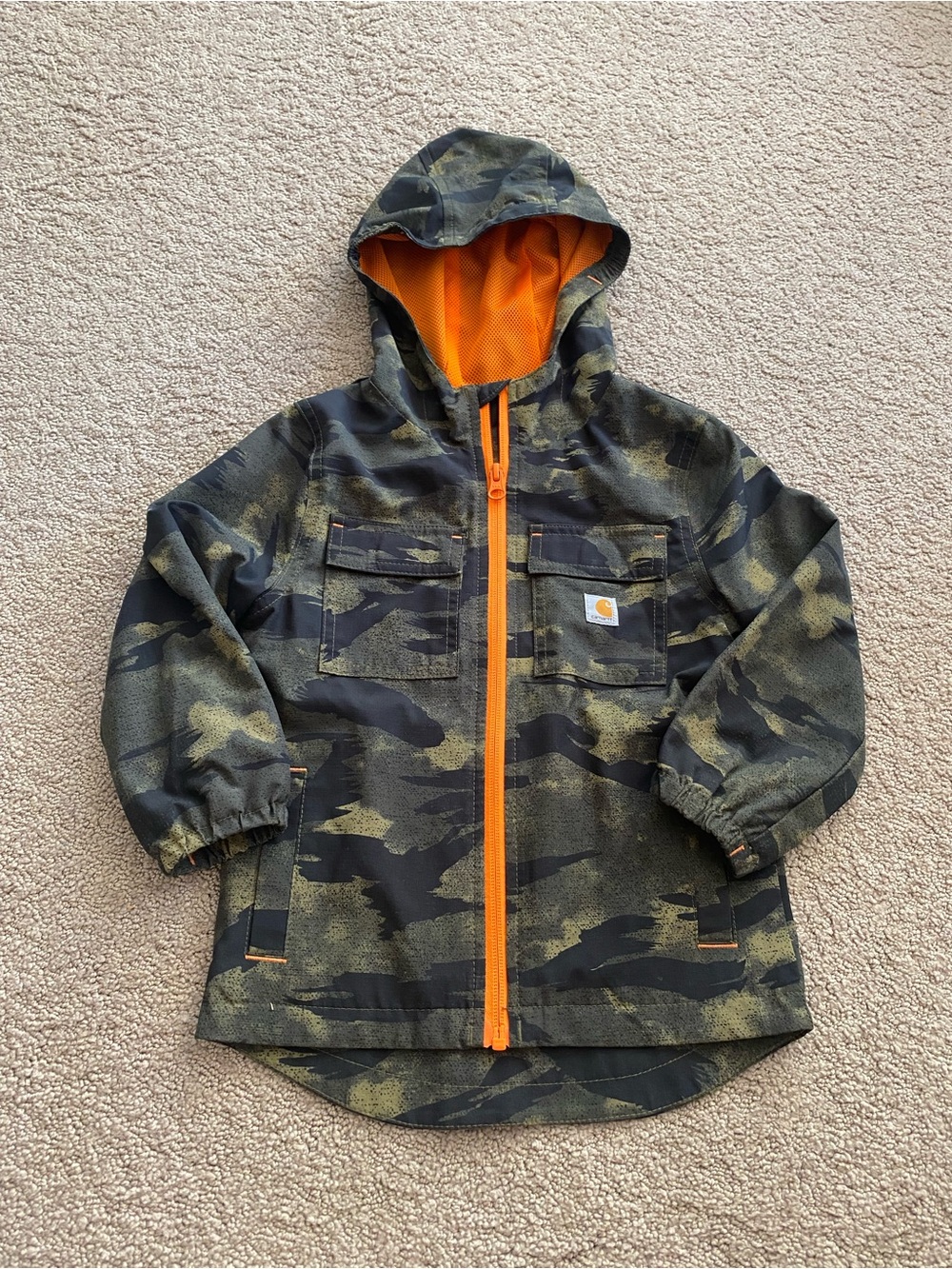Carhartt Kids' Green Camo Hooded Jacket with Orange Trim